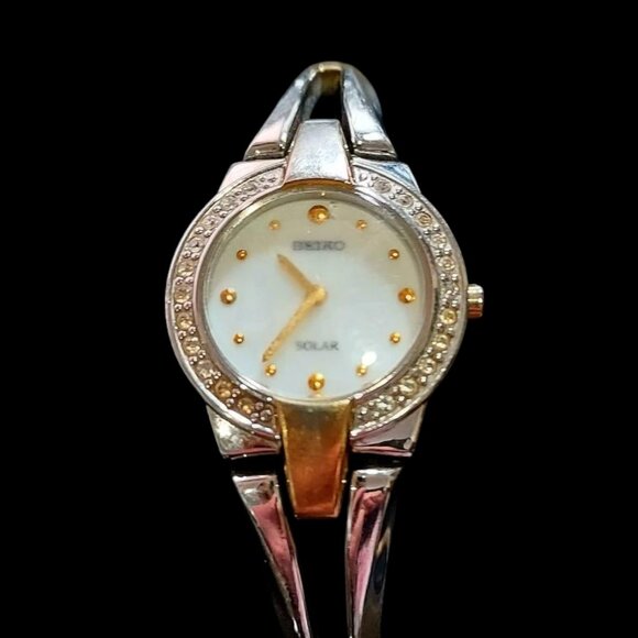 SEIKO Solar Ladies Watch Two Tone White Face Crystal Accented - Picture 1 of 13